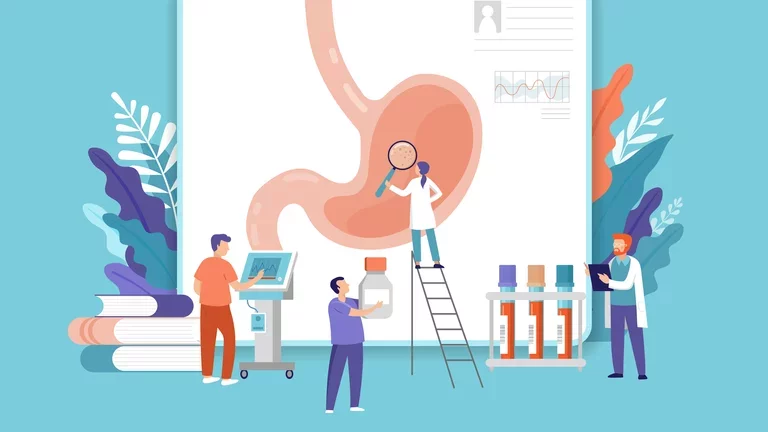 Terapia Nutricional: Desenho de médicos analisando o estômago