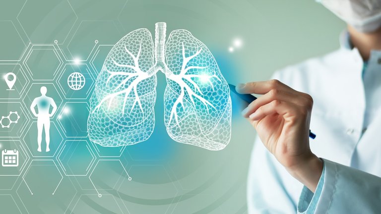 Médica visualizando uma ilustração de um pulmão