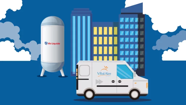 Ilustração de filias da Air Liquide Brasil, líder mundial de gases medicinais, com o veículo do VitalAire a caminho do atendimento domiciliar