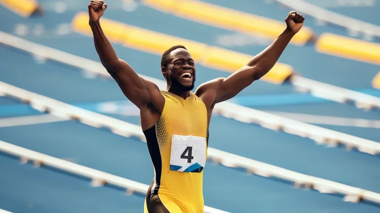 Atleta em corrida de atletismo comemorando a alta performance