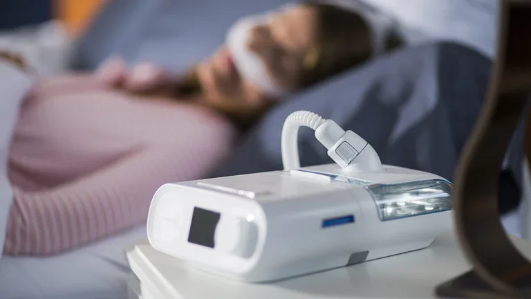 Mulher dormindo com seu CPAP para o tratamento da apneia do sono e ronco