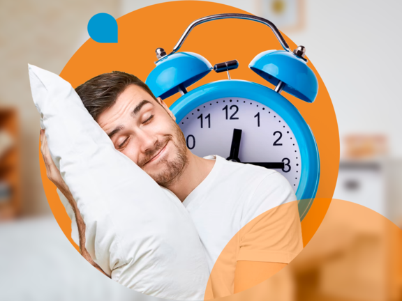 Imagem de um homem dormindo com desenho de despertador como plano de fundo