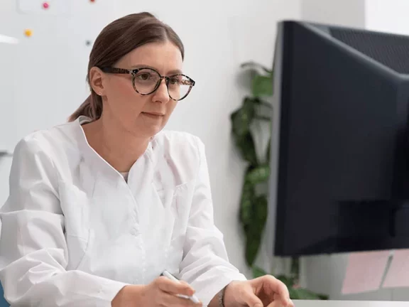 Profissional da área da saúde realizando o monitoramento remoto e followup do programa de adaptação de CPAP da VitalAire Clinic