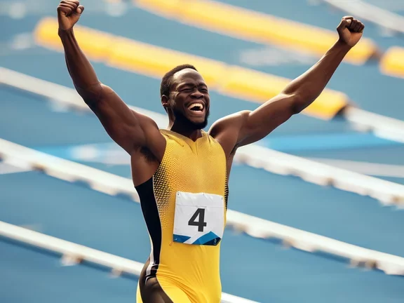 Atleta em corrida de atletismo comemorando a alta performance