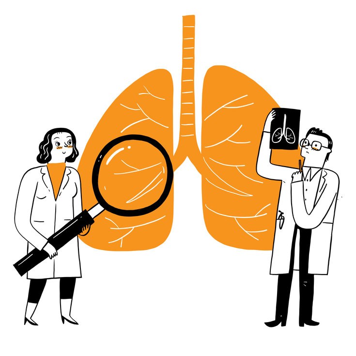Imagem ilustrativa de médicos analisando o pulmão com uma lupa