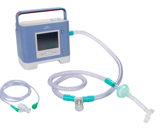 Imagem dos circuito com umidificador passivo ou trocador de calor conectado ao Trilogy- Philips Respironics