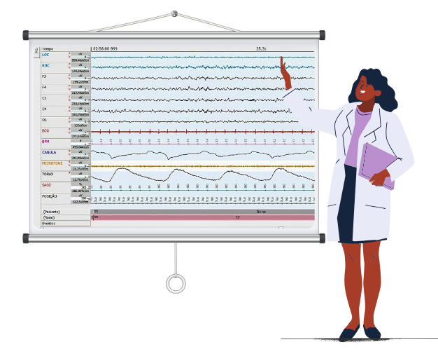Ilustração da médica demonstrando o exame de polissonografia